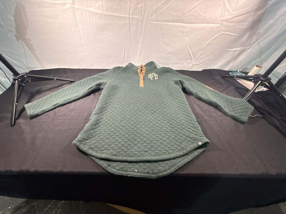 MarleyLilly Quilted Green Monogram Button Pullover Mock Neck Sweater Women's L